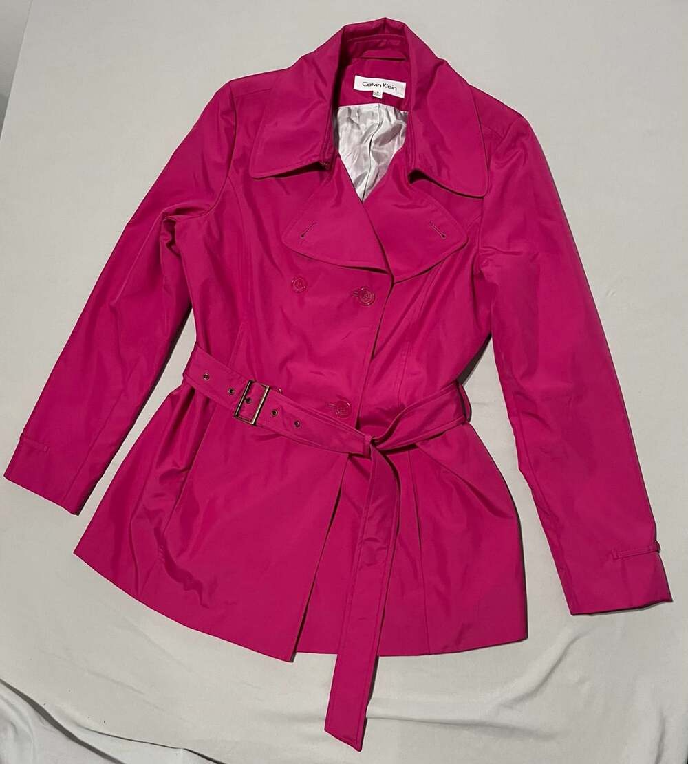 Calvin Klein Hot Pink Double Breasted Trench Coat with Belt Size 6